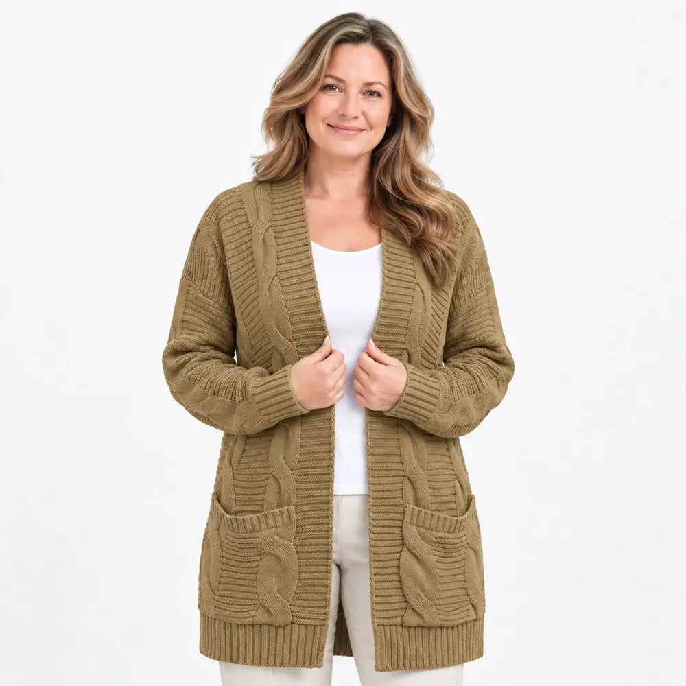 【S-3XL】Nowy damski sweter rozpinany na jesień i zimę – warkoczowy, długi, gładki, z kieszeniami