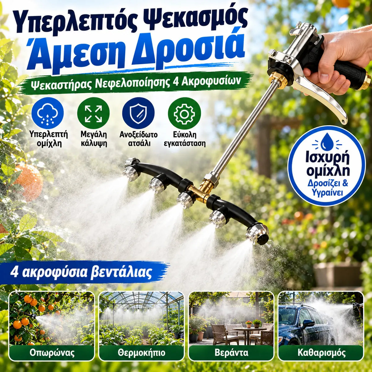 1 τεμάχιο 33 ευρώ 💦Νέο πιστόλι ψεκασμού ευρείας κάλυψης για λεπτό νέφος, με τέσσερα ανοξείδωτα ακροφύσια βεντάλιας ανθεκτικά στη σκουριά.