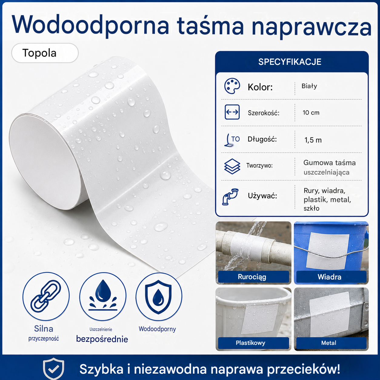 2 sztuka 89zł  🏠 Mocna, wodoodporna taśma naprawcza do rur, wiader i plastiku
