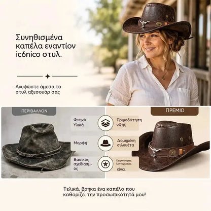 🤠Απολαύστε τώρα έκπτωση 50%! 🌟Ρετρό καπέλο καουμπόη με φαρδύ γείσο και λουράκι κουκούλας - Φεντόρα σε στιλ Western με φθαρμένη όψη