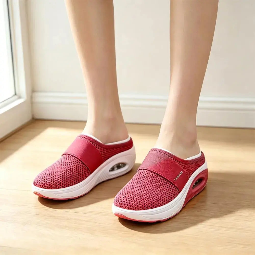 Buty damskie na płaskim obcasie - cholewka z oddychającej siateczki z amortyzacją, pogrubiona ortopedyczna podeszwa, odpowiednie do chodzenia i pieszych wędrówek.