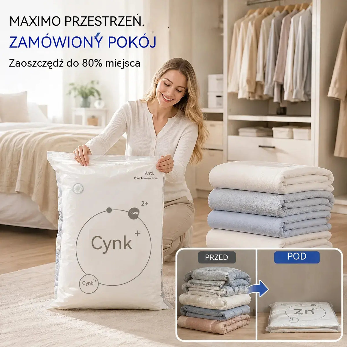 🧳【Σετ 5 τεμαχίων 109 zł】💨 Μεγάλη, συμπιέσιμη τσάντα αποθήκευσης κενού αέρος: δεν απαιτείται αντλία, στεγανή και ιδανική για εξοικονόμηση χώρου στις βαλίτσες και στο σπίτι ✈️