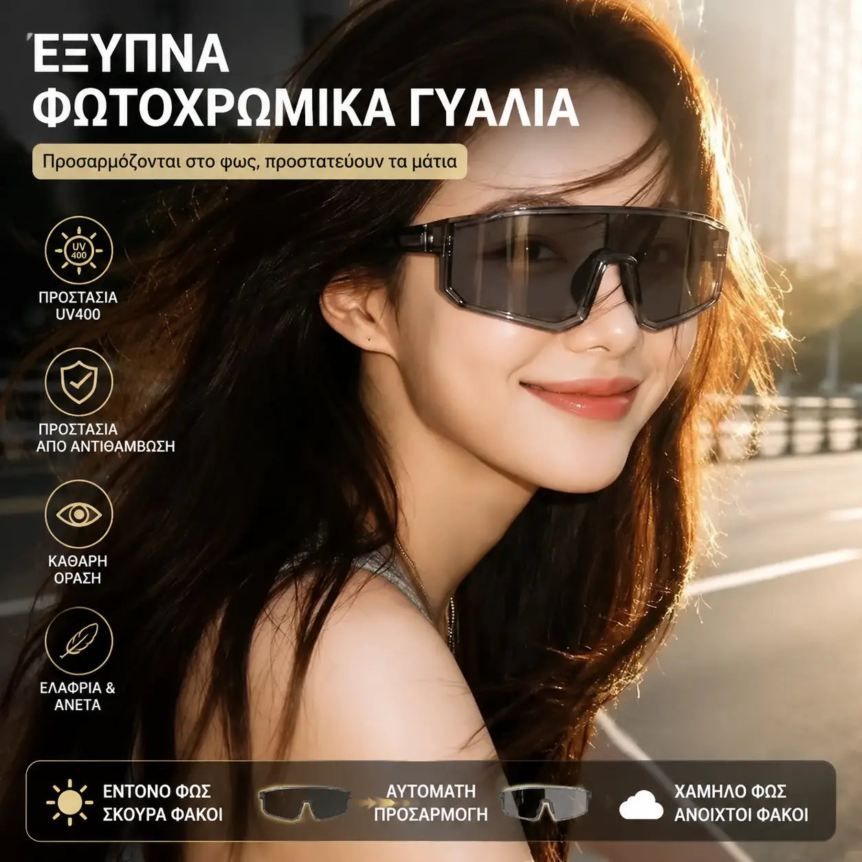🕶️Φωτοχρωμικά γυαλιά ποδηλασίας, γυαλιά ηλίου διπλής χρήσης για μέρα και νύχτα, προστασία UV για τα μάτια.