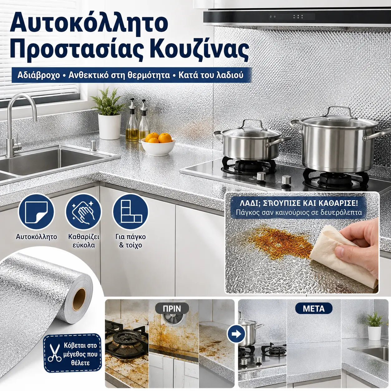 【Πλάτος 40 * Μήκος 3μ】💦Αυτοκόλλητη ταπετσαρία κουζίνας, αδιάβροχα και αδιάβροχα αυτοκόλλητα κουζίνας