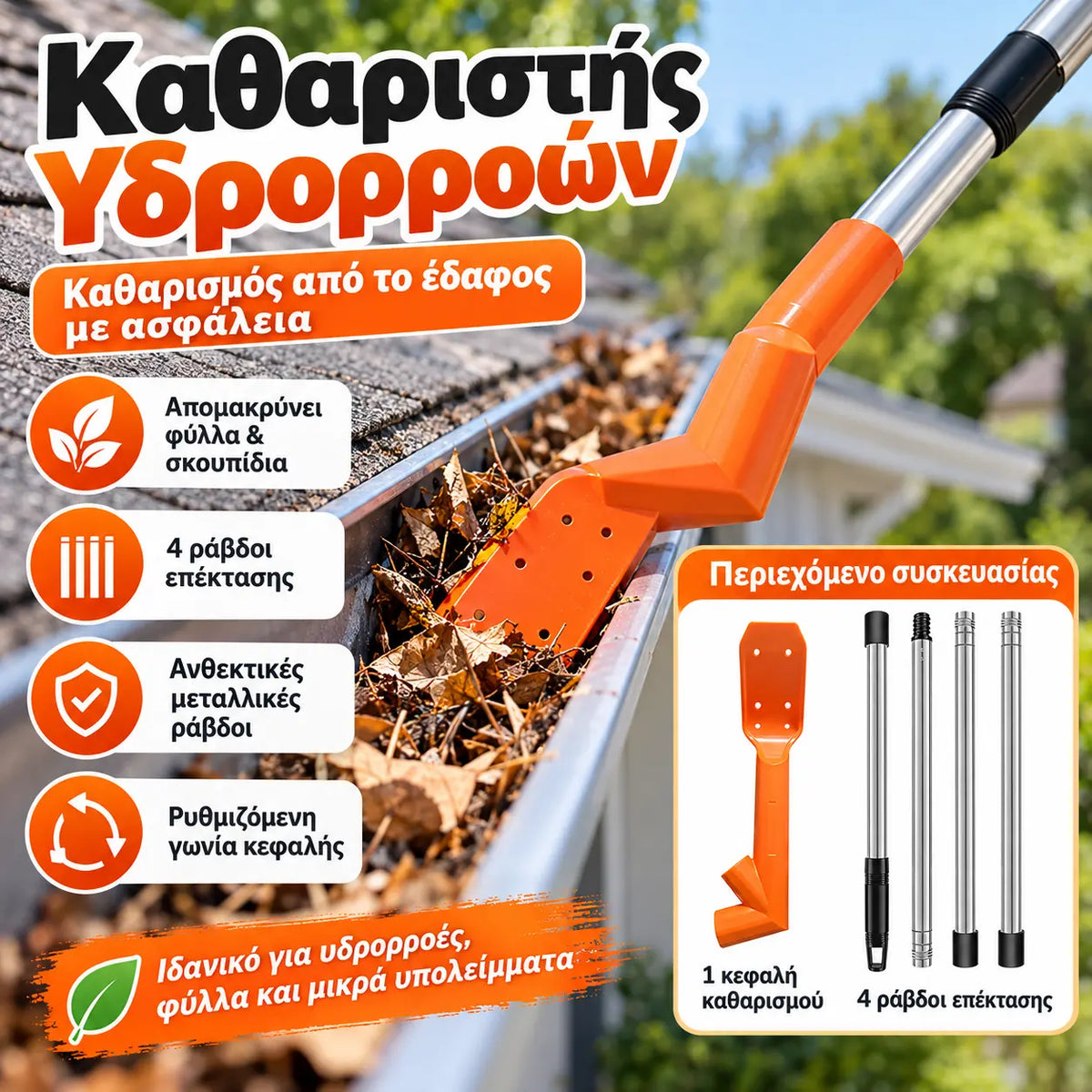 Άγκιστρο καθαρισμού + κοντάρι 4 τμημάτων (1,46 μέτρα)——31 ευρώ 🔧✨ Εργαλείο καθαρισμού υδρορροών (χωρίς ανάγκη αναρρίχησης)