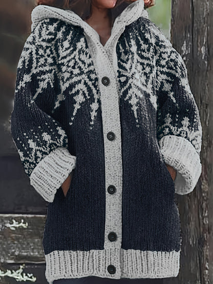 ⛄❄️【S~5XL】Elegantní retro bunda s kapucí pro ženy – Stylové barevné bloky a sněhové vločky pro zimní eleganci