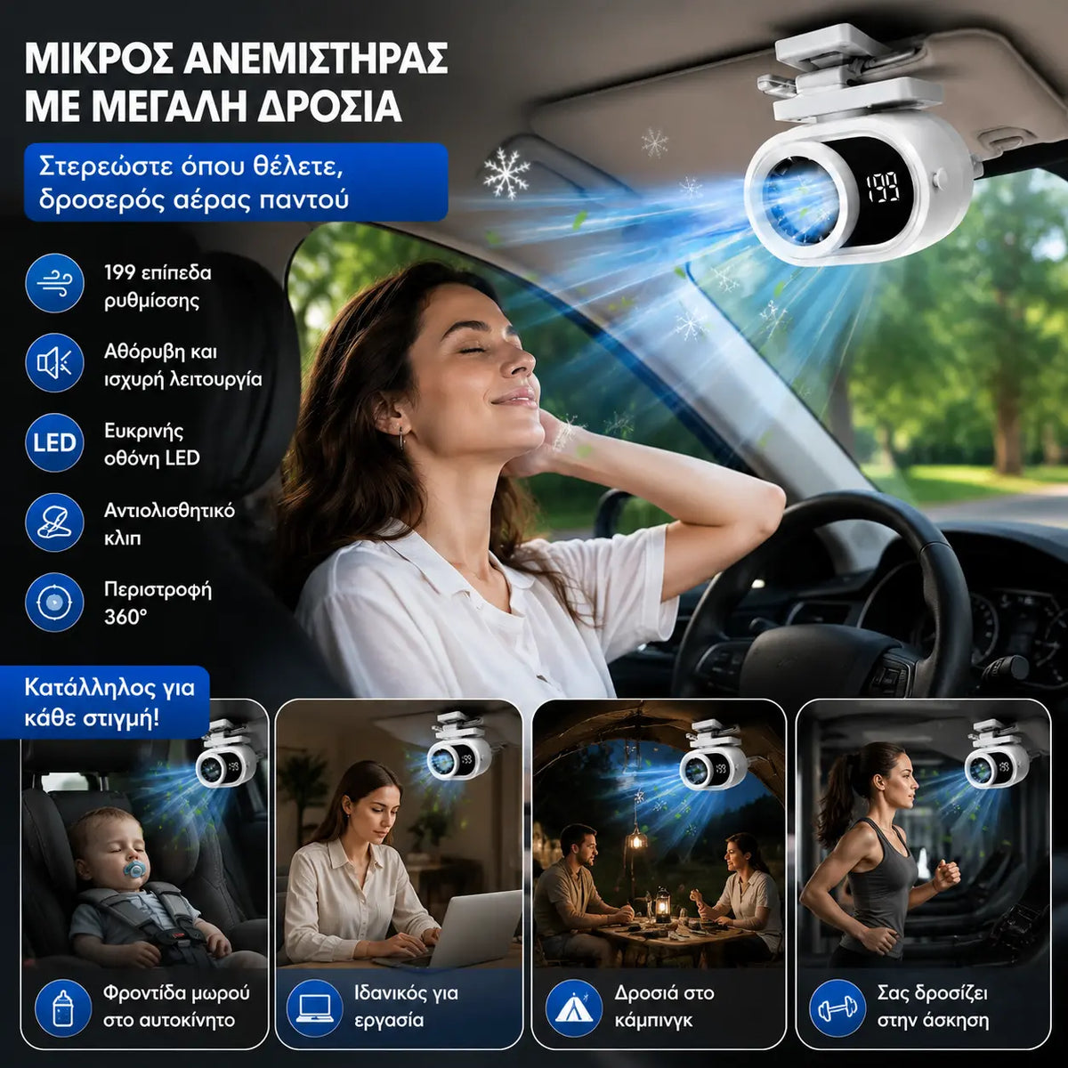 🌀 Ανεμιστήρας hands-free με οθόνη LED, ενσωματωμένο κλιπ και 199 ρυθμιζόμενα επίπεδα