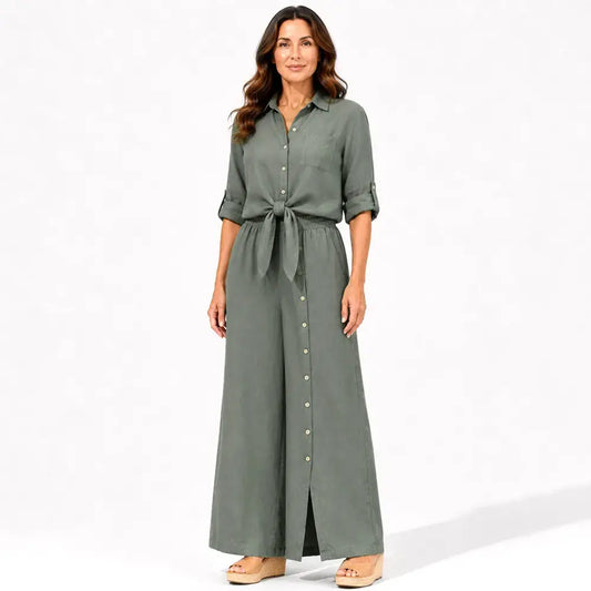 ✨🌸【XS-3XL】Σετ δύο τεμαχίων από ασύμμετρο τοπ με V ντεκολτέ και φαρδύ βαμβακερό παντελόνι με κουμπιά