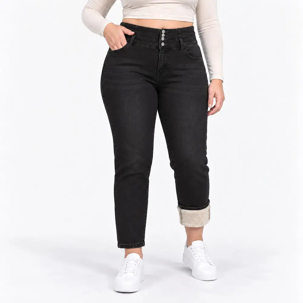 🔥【S-2XL/2 kolory】 Jeansy damskie z podszewką z polaru, sprane, zapinane na wiele guzików, dopasowane