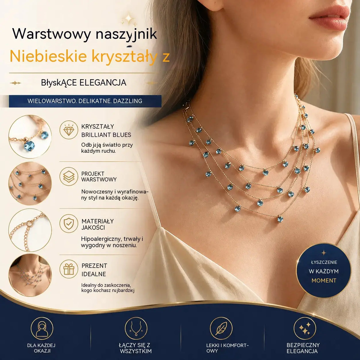 📢📢 50% zniżki! ✨ Wielowarstwowy damski błyszczący naszyjnik z wisiorkiem na obojczyk