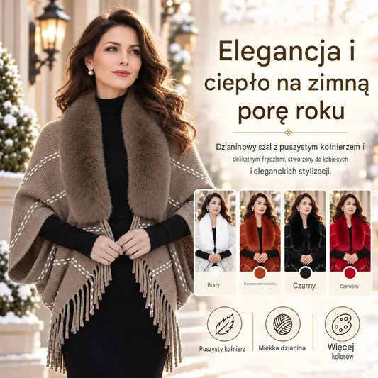 Dzianinowe ponczo z futrzanym kołnierzem i frędzlami 🧣 Elegancki, ciepły szal damski (jesień/zima) ❄️ Uniwersalny sweter o luźnym kroju, który korzystnie podkreśla sylwetkę ✨