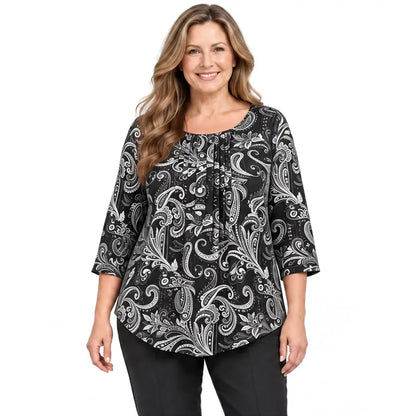 【1XL-5XL/6 kolorów】 Koszulka damska z długim rękawem, zapinana na guziki, na jesień/zimę, z nadrukiem paisley w europejskim i amerykańskim stylu, w dużych rozmiarach, z luźnym nadrukiem