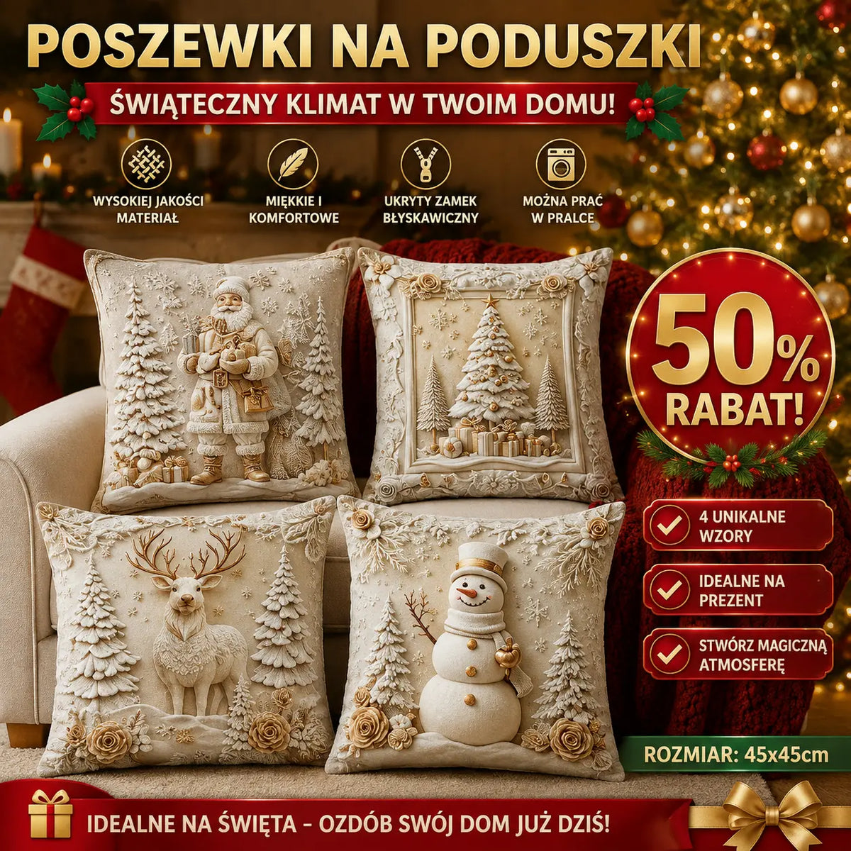 🎅Wyprzedaż świąteczna 49% TANIEJ🎄Poszewka na poduszkę z motywem świątecznym【Zestaw 4 elementów】