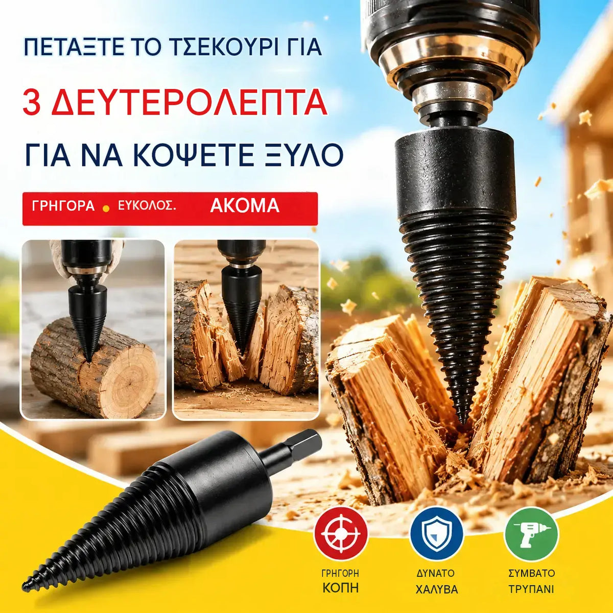 🔥1 σετ για 28 ευρώ.【Τρυπάνι σχισίματος κορμών 32 χιλ. + 3 τύποι στελέχους】⚙️ Ηλεκτρικό τρυπάνι σχισίματος κορμών από ενισχυμένο χάλυβα, ισχυρό και αβίαστο