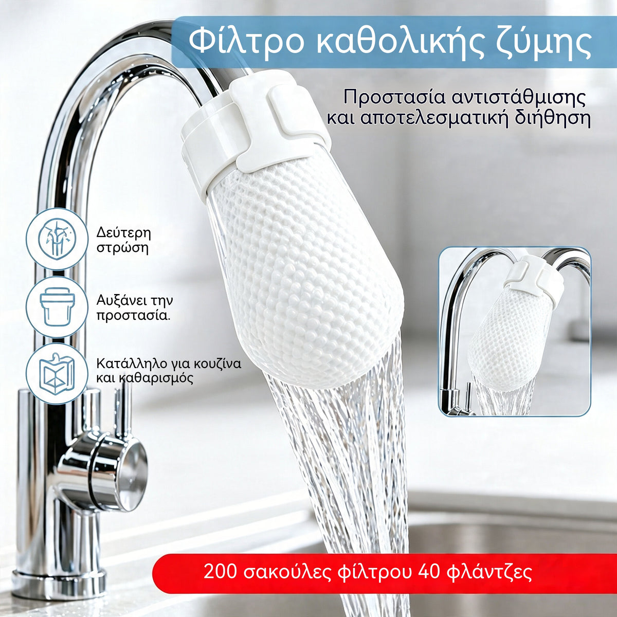 【200 σακούλες φίλτρου + 40 δεματικά καλωδίων】💧 Φίλτρο βρύσης με πάχος που δεν πιτσιλάει – Φιλτράρει αποτελεσματικά τη σκουριά, τα ιζήματα και τις ακαθαρσίες – Κατάλληλο για βρύση, πηγή και υπόγεια ύδατα 🚿✨