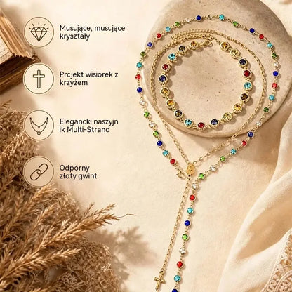✨ Wielowarstwowy naszyjnik z krzyżem i kolorowymi kamieniami dla kobiet | Elegancka biżuteria w stylu boho, modny dodatek z urokiem i ochroną ✨