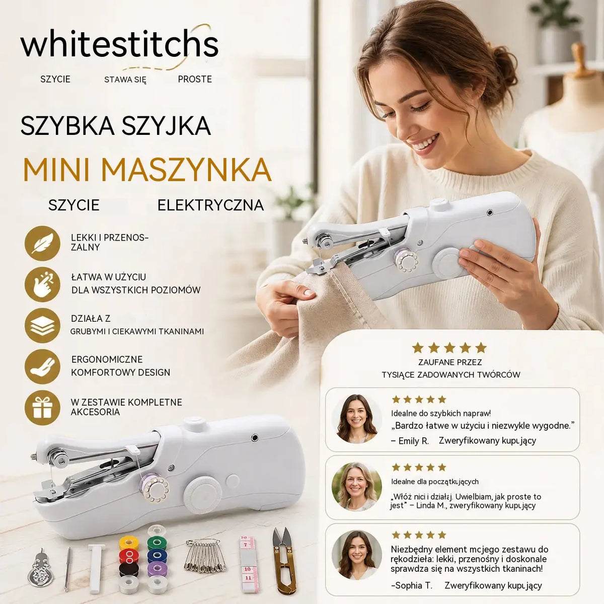 🧵 Mini elektryczna maszyna do szycia — lekka, przenośna i łatwa w obsłudze! ✨