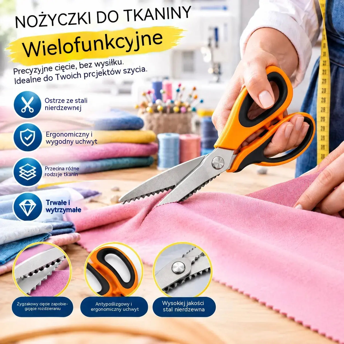 ✂️ Uniwersalne nożyce krawieckie tnące w ząbki – do tkanin, papieru i rękodzieła 🧵