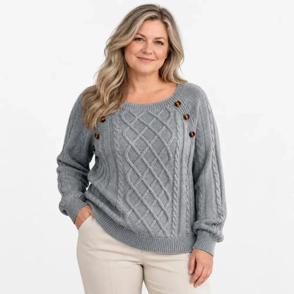 【S-2XL】Damowy sweter casualowy na jesień i zimę – kwadratowy dekolt, guziki, wzór warkocza