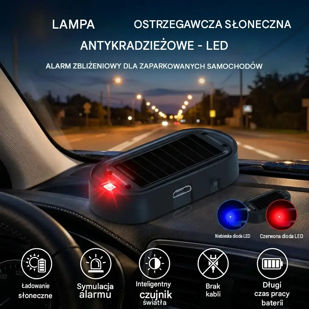 1 sztuka 79 zł 🎁🚗💥 Kompaktowa lampka ostrzegawcza LED przeciw kradzieży, zasilana energią słoneczną