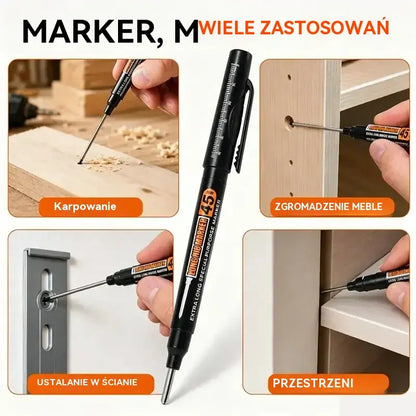 🖊️🔩【Zestaw 10】Markery o długiej końcówce 45 mm do głębokich otworów – wielokrotnego napełniania i użytku – idealne do prac budowlanych, glazurniczych i stolarskich 🏗️✨