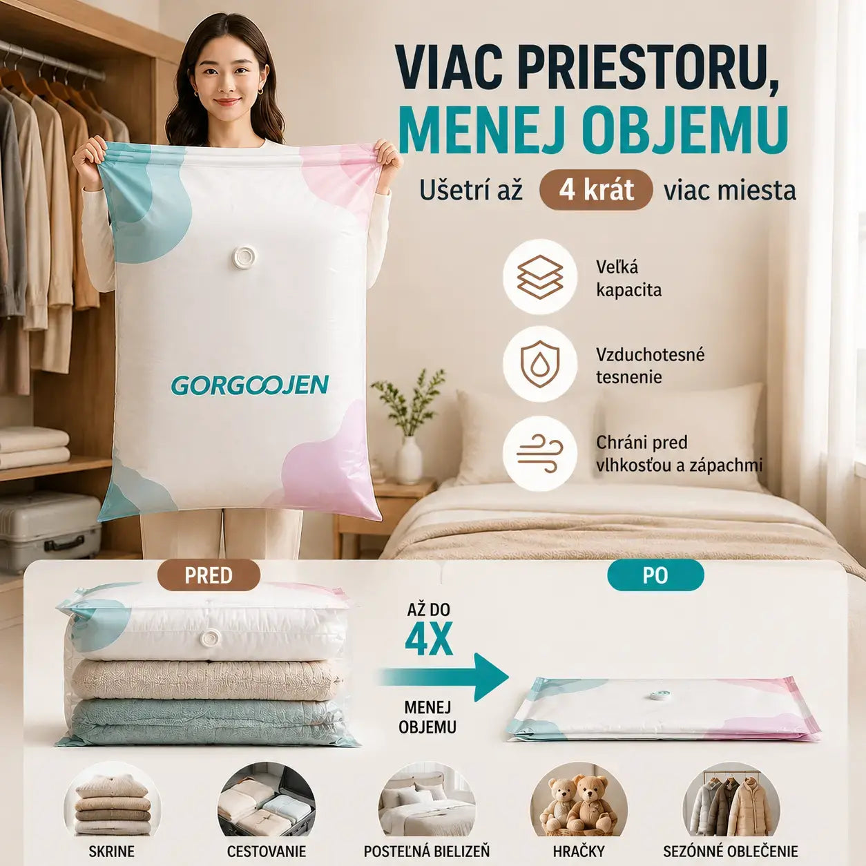 🧳 5 kusov za 23 eur 💨 Veľké, stlačiteľné vákuové úložné vrecko: nevyžaduje pumpičku, je nepriepustné a ideálne na úsporu miesta v kufri a doma ✈️