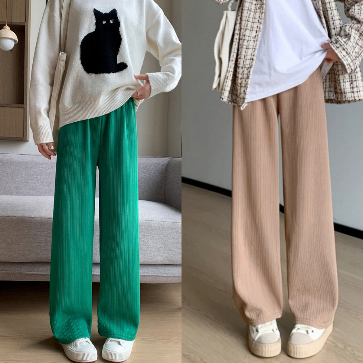 👖🔥Ženske uske hlače s prugastom flis podstavom i širokim nogavicama, novi jesensko/zimski stil, široki kroj, stagnirajuće, visoki struk, ravne hlače za slobodno vrijeme.