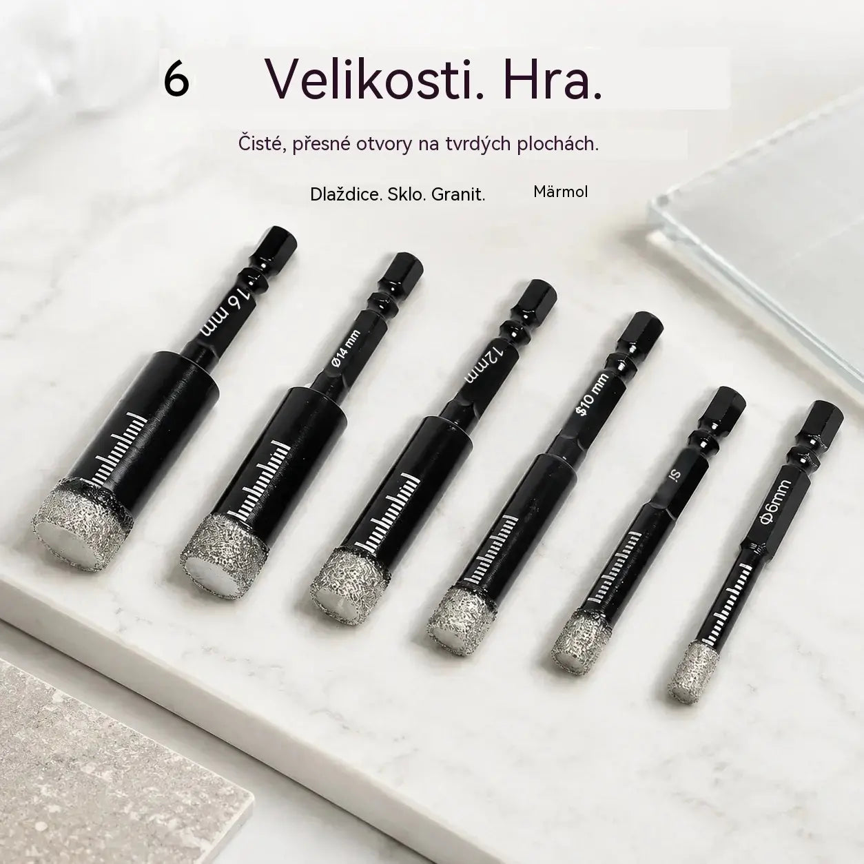 【Černá leštěná bílá hlava 6/8/10/12/14/16 mm】1 sada 530 Kč🔩Sada 6 diamantových vrtáků pro přesné vrtání do dlaždic, keramiky a skla.