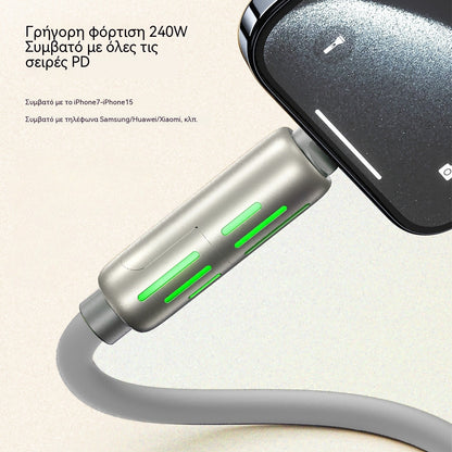 🔥 【2 τεμάχιο 27 ευρώ 】 🔥 (μήκος 2 μέτρα) Καλώδιο PD 240W 4 σε 1 – USB-C, Lightning και USB-A Γρήγορη φόρτιση, Αλουμίνιο και Σιλικόνη, Συγχρονισμός δεδομένων ⚡📱