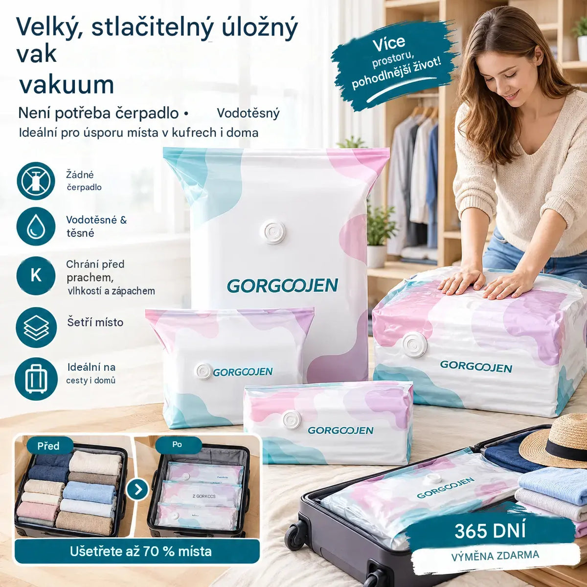 🧳 5 kusy 590Kč 💨 Velký, stlačitelný vakuový úložný sáček: není potřeba pumpička, nepropustný a ideální pro úsporu místa v kufrech i doma ✈️