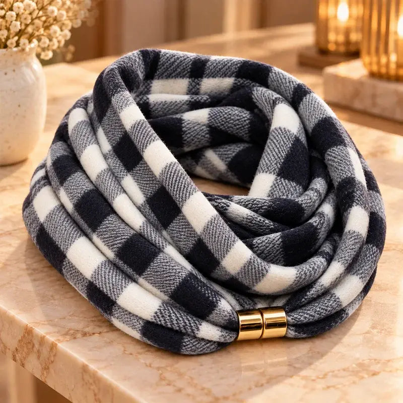 🧣 Κασκόλ-λαιμός με καρό μοτίβο και μαγνητικό κούμπωμα · Απαλό υλικό, με αίσθηση κασμίρι · Κομψό αξεσουάρ για το φθινόπωρο και τον χειμώνα · Άνετο και εύκολο στη χρήση!