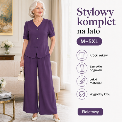 1 zestaw 119 zł🌸【Top + Spodnie z szerokimi nogawkami】Elegancki letni komplet damski 2-częściowy, M–5XL