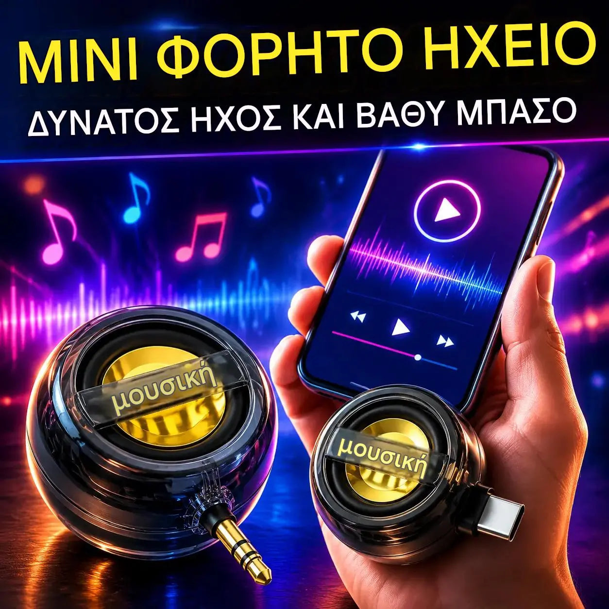 🔥【Διπλή θύρα Type-C/3,5 mm】🎵Μίνι φορητό ηχείο για κινητό τηλέφωνο με ισχυρή έξοδο μπάσων