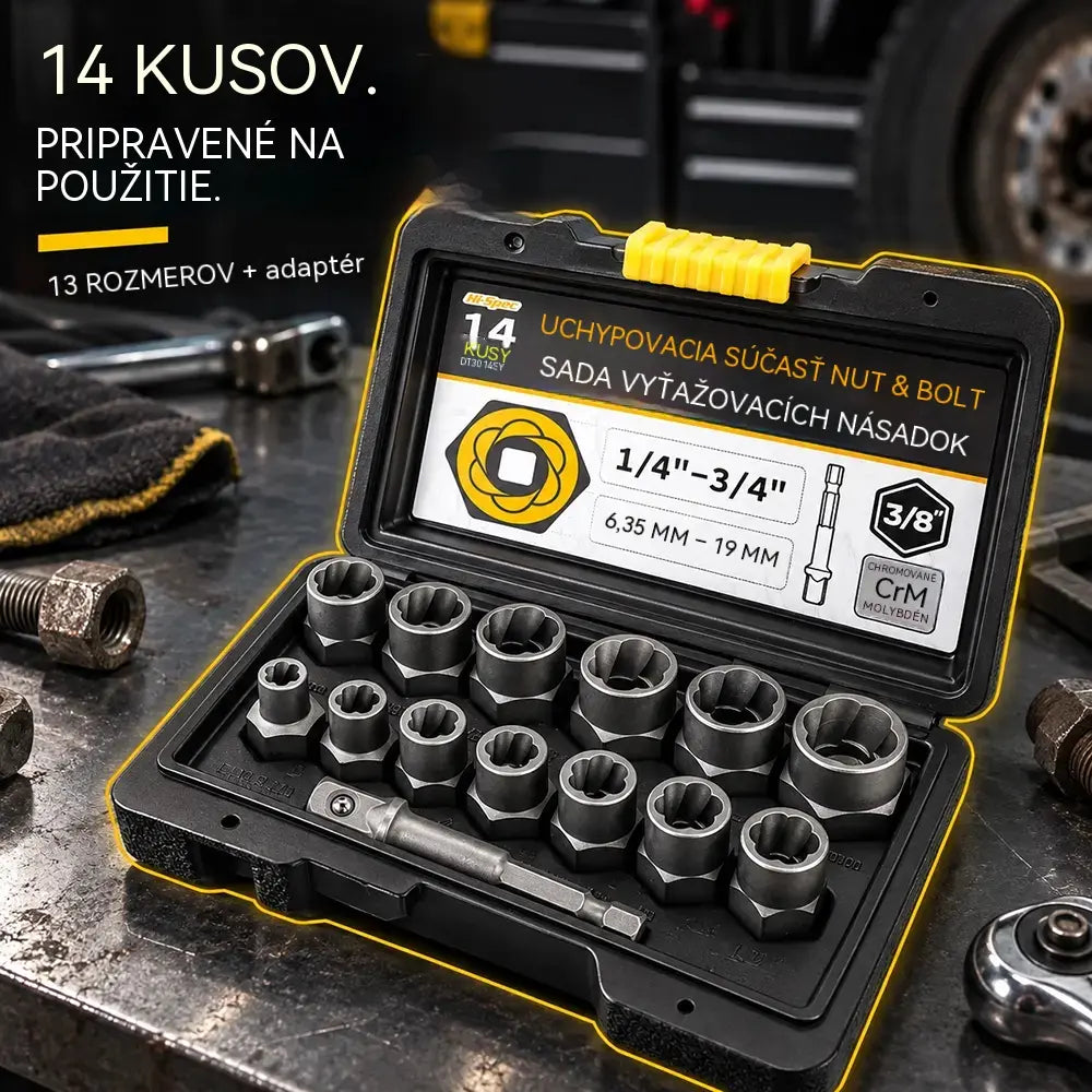 Profesionálne riešenie na zaseknuté skrutky! Súprava vyťahovákov na poškodené matice a skrutky (14 kusov)! Mimoriadne odolná oceľ CrMo · Protišmykový profil · Vrátane praktického kufríka!