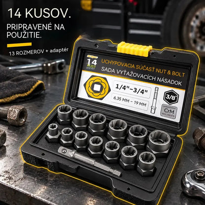 Profesionálne riešenie na zaseknuté skrutky! Súprava vyťahovákov na poškodené matice a skrutky (14 kusov)! Mimoriadne odolná oceľ CrMo · Protišmykový profil · Vrátane praktického kufríka!