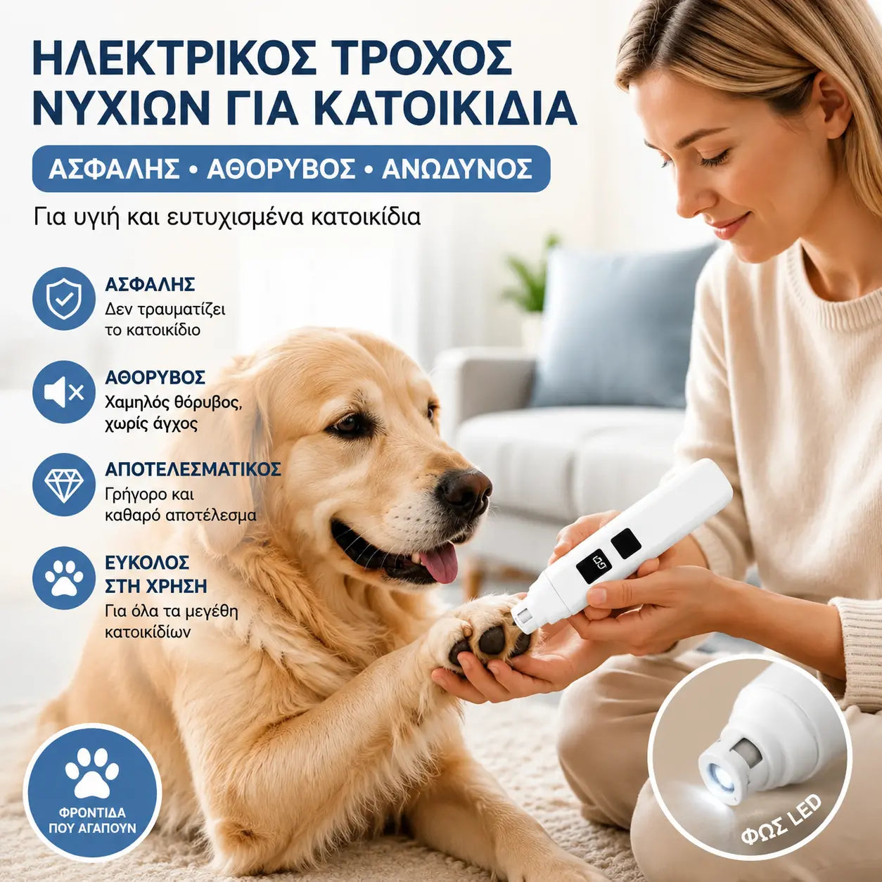 🐱🐶 Ηλεκτρική λίμα νυχιών για κατοικίδια με ένδειξη LED