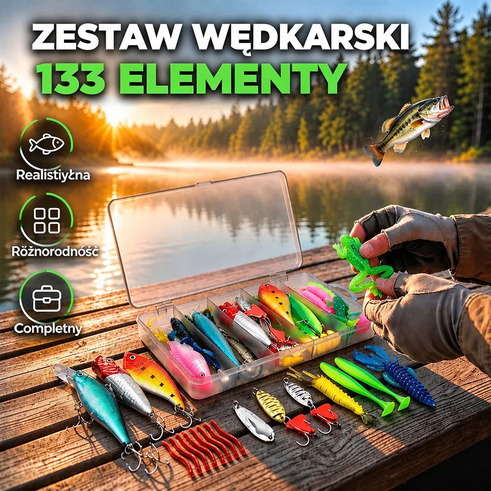 Zestaw 133 przynęt spinningowych – błystki, miękkie rybki, żaby, przynęty imitacyjne, kompletny zestaw do wędkarstwa