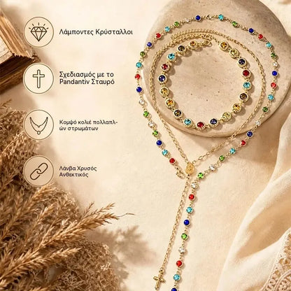 ✨ Κολιέ πολλαπλών στρώσεων με σταυρό και πολύχρωμες πέτρες για γυναίκες | Κομψά μποέμ κοσμήματα, αξεσουάρ μόδας με γοητεία και προστασία ✨