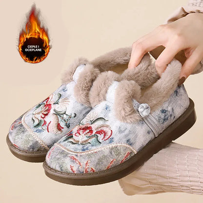 【35-41】Nowe damskie buty zimowe – ocieplane, grube, ciepłe, na miękkiej podeszwie, wsuwane, antypoślizgowe, haftowane, dla mam