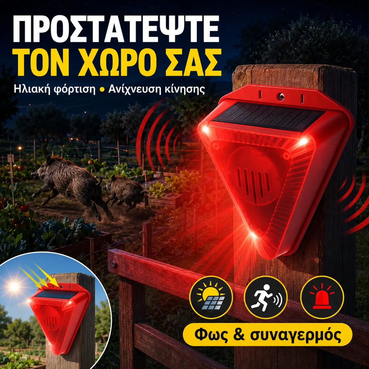 1 τεμάχιο 30 ευρώ[Μοντέλο με αισθητήρα κίνησης] 🔥 Ηλιακό απωθητικό αγριόχοιρων, εξωτερικός συναγερμός ήχου και φωτός