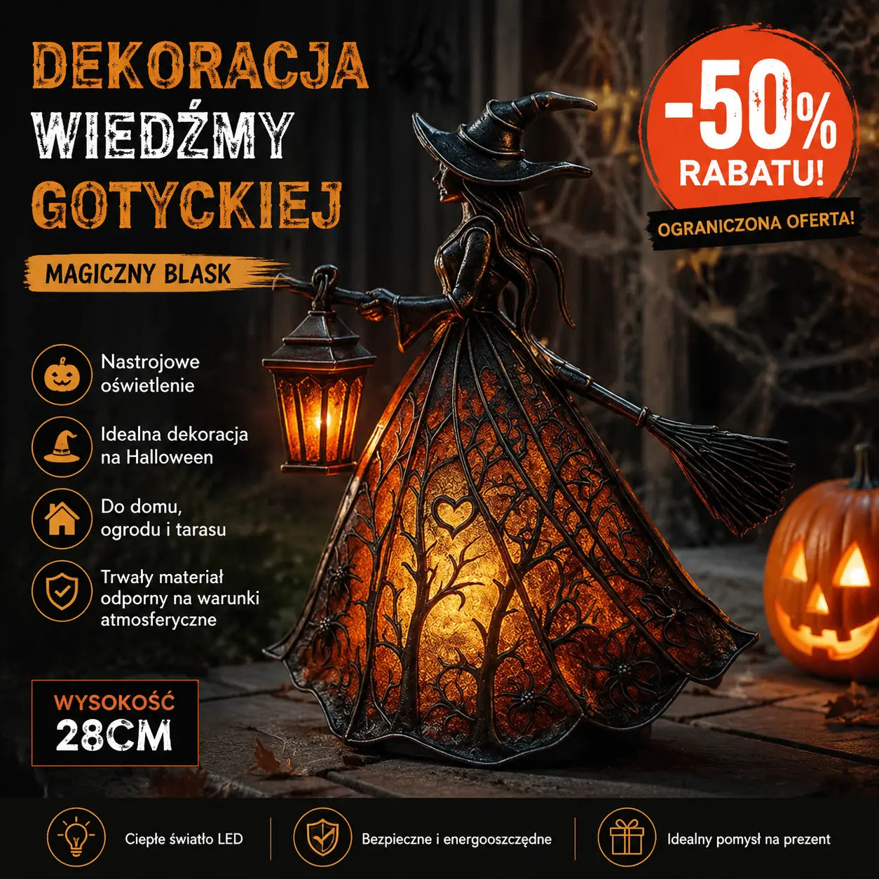 🧙‍‍♀️ Lampa czarownicy na Halloween, straszna gotycka dekoracja w kształcie latarni, wyjątkowa dekoracyjna figurka lampy stołowej, lampka nocna na nogach, odpowiednia do domu, ganku, biura, dekoracji na imprezę, może służyć jako prezent na Halloween.