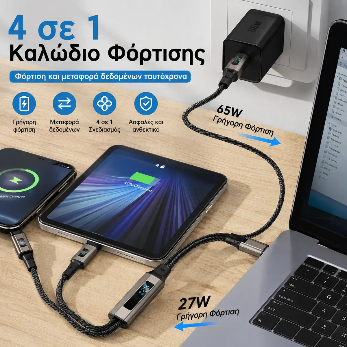 🔥🔥Αγοράστε 1, πάρτε 1 δωρεάν🔥🔋 Καλώδιο φόρτισης 4 σε 1 με μπρελόκ και ψηφιακή οθόνη📱