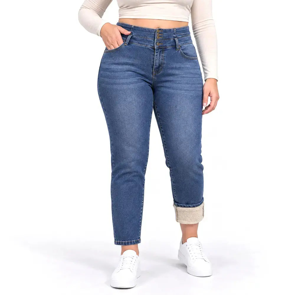 🔥【S-2XL/2 kolory】 Jeansy damskie z podszewką z polaru, sprane, zapinane na wiele guzików, dopasowane