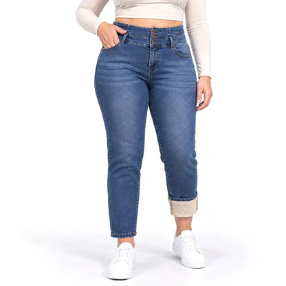 🔥【S-2XL/2 kolory】 Jeansy damskie z podszewką z polaru, sprane, zapinane na wiele guzików, dopasowane