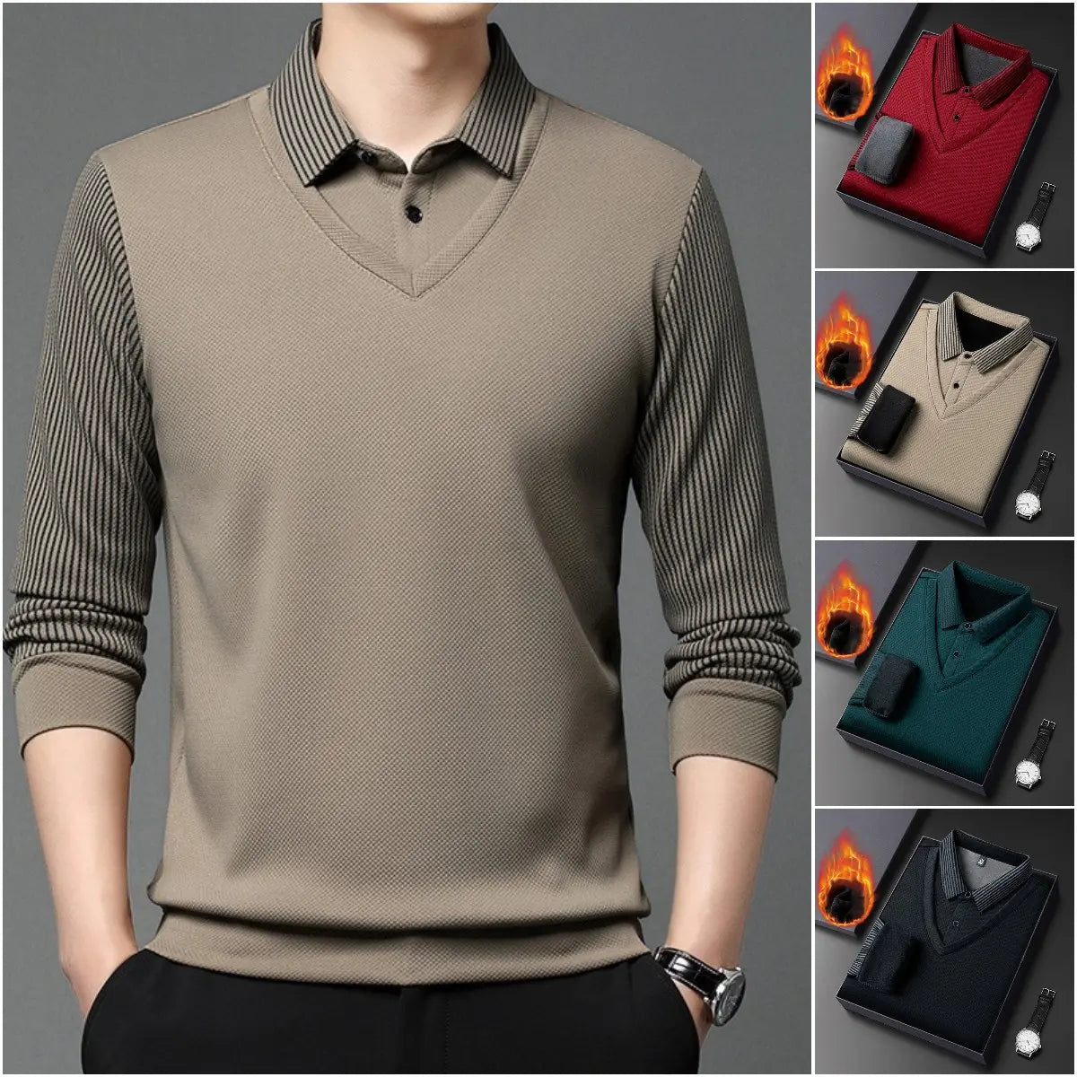 【M-4XL】 👔 Ανδρική μπλούζα πόλο μακρυμάνικη «2 σε 1» · Με επένδυση και μόνωση · Κομψός σχεδιασμός με κλασικό γιακά και ριγέ μανίκια · Ιδανική τόσο για casual όσο και για επαγγελματικές εμφανίσεις!