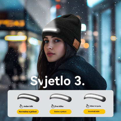 🔥【50% popusta】🔥🧢Punjiva Bluetooth LED kapa. Funkcija tri u 1: Savršeno integrira snažnu LED rasvjetu za korištenje bez ruku, visokokvalitetni Bluetooth zvučnik i toplinu u udobnu pletenu kapu💡