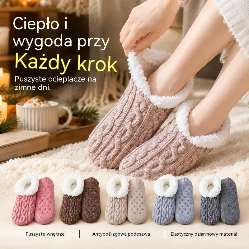 🧦【2 pary】Puszyste skarpetki domowe antypoślizgowe z silikonową podeszwą – ciepłe futerko, elastyczny splot i komfort na zimę
