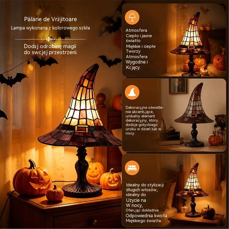 【Nowość na Halloween】Gotycka lampka nocna w kształcie kapelusza czarownicy, kreatywna lampka nocna z żywicy z efektem retro witrażu! 🔮🧙‍♀️