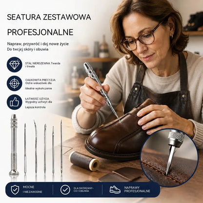 🔥【2 zestawy za 79 zł.】🧵👞 Zestaw 5 w 1 z wymiennymi igłami do szycia – Profesjonalny zestaw do naprawy obuwia i rękodzieła skórzanego 🛠️✨
