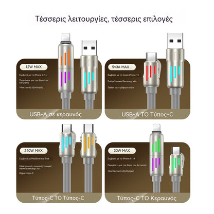 🔥 【2 τεμάχιο 27 ευρώ 】 🔥 (μήκος 2 μέτρα) Καλώδιο PD 240W 4 σε 1 – USB-C, Lightning και USB-A Γρήγορη φόρτιση, Αλουμίνιο και Σιλικόνη, Συγχρονισμός δεδομένων ⚡📱